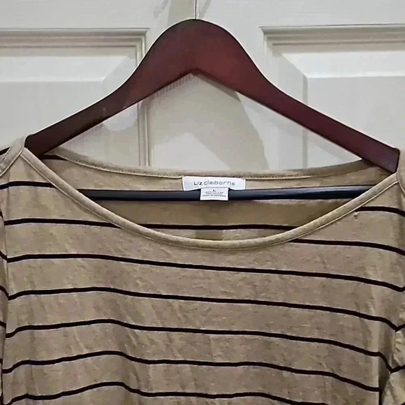Liz Claiborne Tan Striped Preppy Nautical 3/4 Sleeve Tee  Size L - Picture 3 of 4